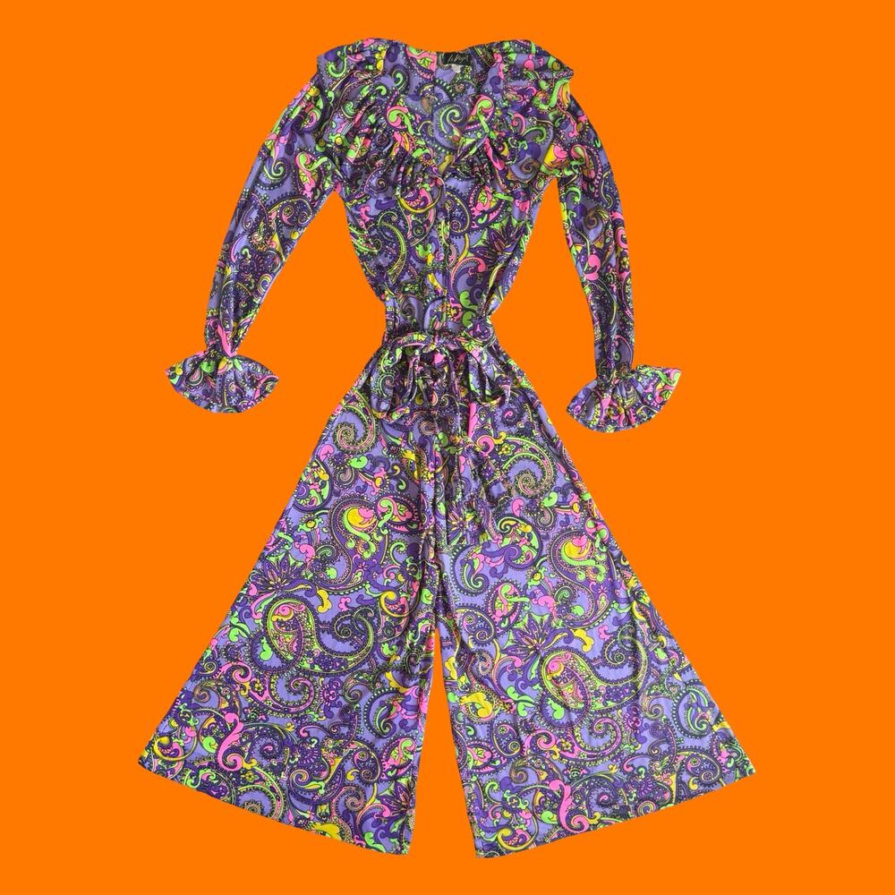70's vintage psychedelic paisley wide leg palazzo jumpsuit MEDIUM le voy's